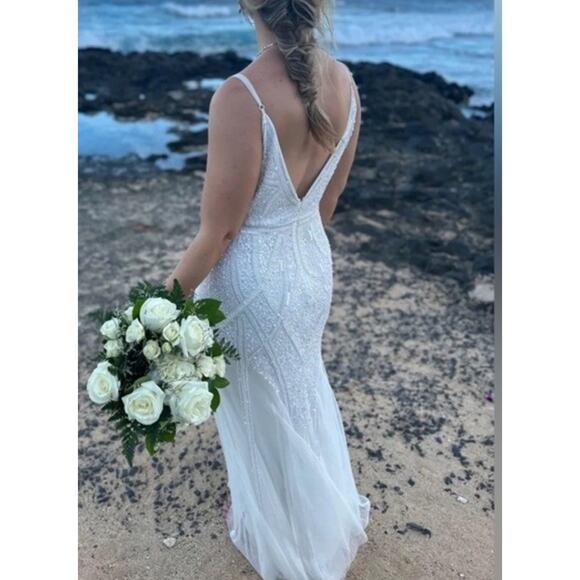 Lulus Just the Beginning White Beaded Sequin Mermaid Maxi Dress Medium V Neck - Picture 4 of 11